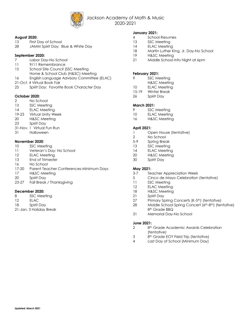 Calendar Jackson Academy Of Math Music