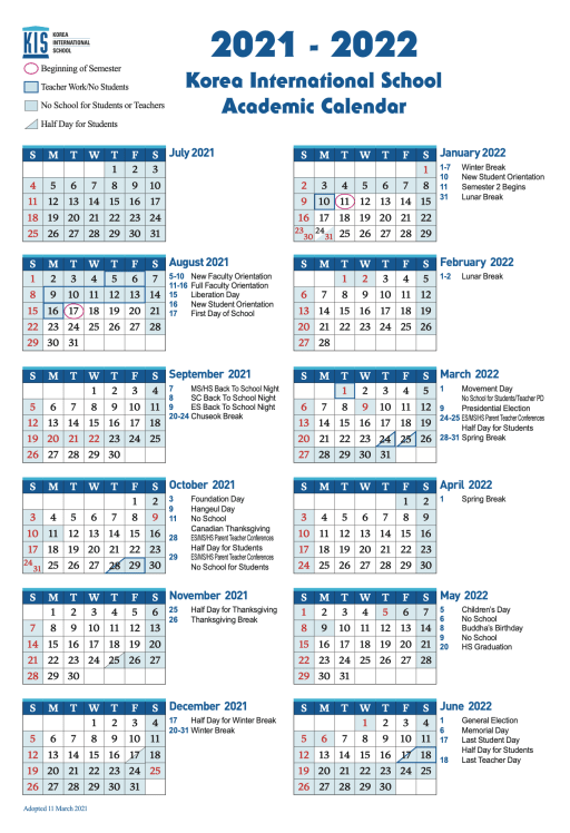 Cua Spring 2022 Calendar School Calendar - Korea International School