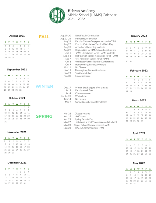 Middle School (Hams) 2021-2022 Calendar | Announcements - Hebron Academy