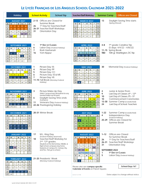 Lycee Francais Los Angeles Calendar 2022-2023