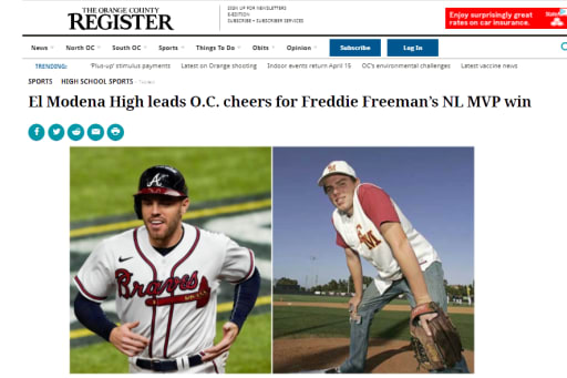 El Modena alumnus Freddie Freeman, - El Modena Baseball