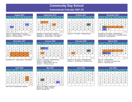 2021-2022 Instructional Calendar - Community Day School - Hershorin Schiff Community Day School