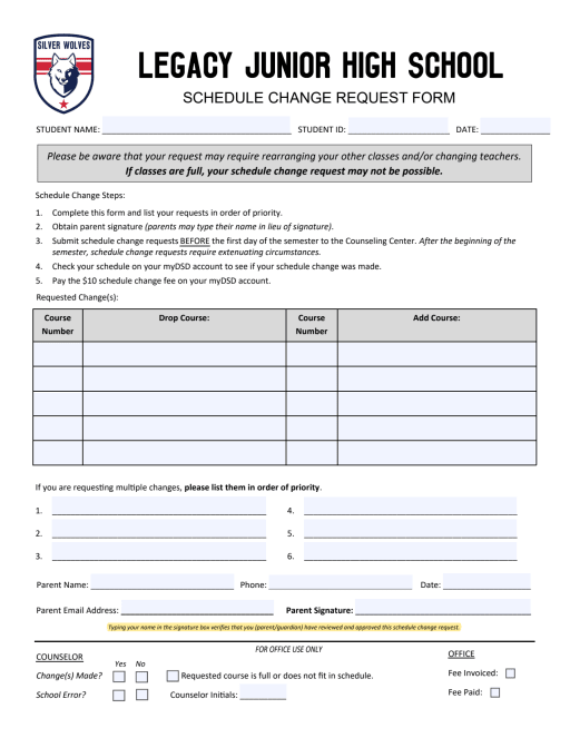 Schedule Changes - Legacy Jr. High School