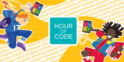 Visual representation of Amazon's Hour of Code initiative, showcasing coding elements and a focus on education.