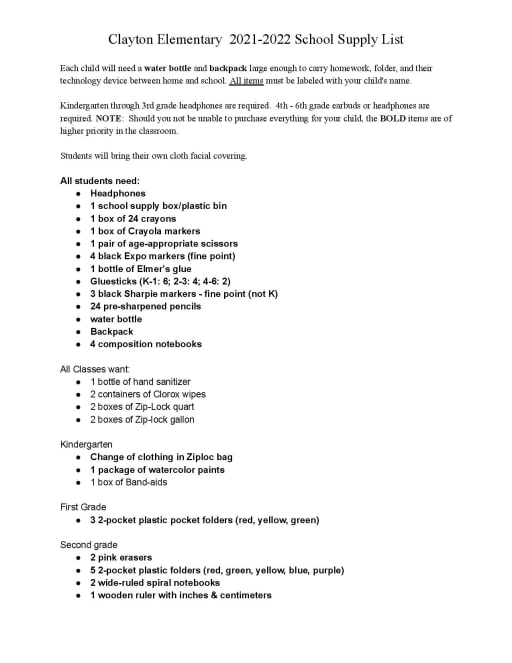 School Supplies List For 5th Grade 2022