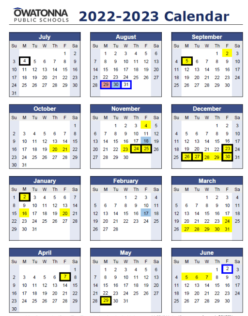 Ohs Calendar 2022 Academic Year Calendar - Owatonna Public Schools
