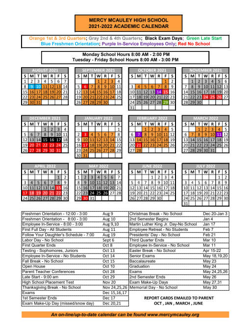 Mercy College Fall 2022 Calendar 2021-22 One-Page School Calendar - Mercy Mcauley High School
