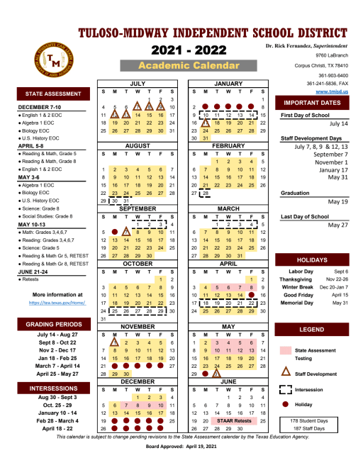 Olympic College Calendar 2022 2023 2021-2022 Academic Calendar - Tuloso-Midway Independent School District