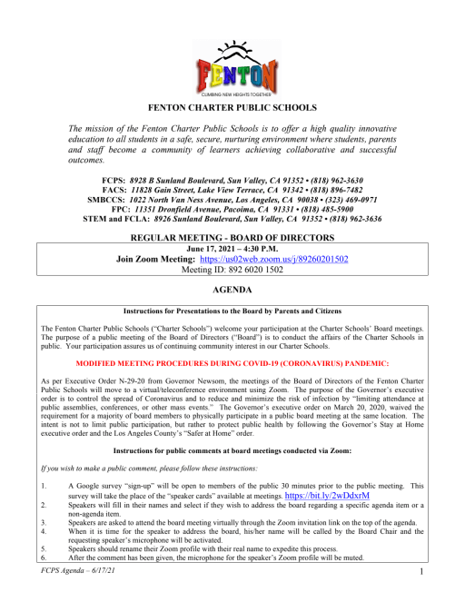 Board Agenda Fenton Charter Public Schools