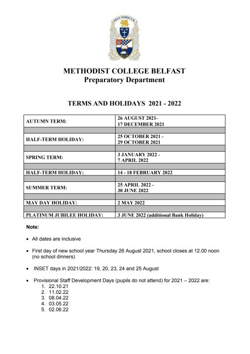 Prep Term Time Calendar - Methodist College Belfast