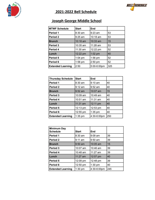 The Middle Schedule 2022 Bell Schedule - George Middle School
