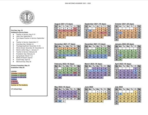 2021 2022 Annual Calendar San Antonio Academy Of Texas