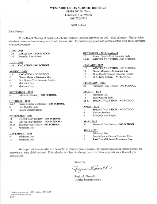 District Calendar - Westside Union School District