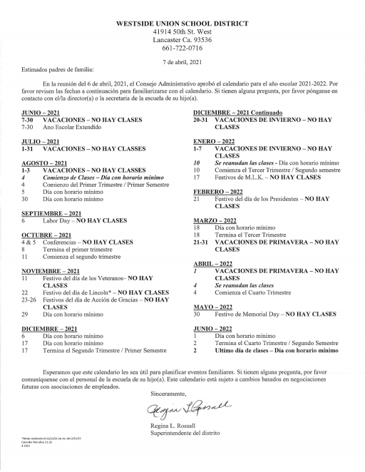 District Calendar - Westside Union School District