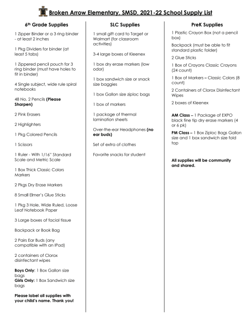 School Supply List Broken Arrow 2017-2022
