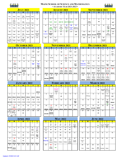 Calendars - The Maine School Of Science And Mathematics