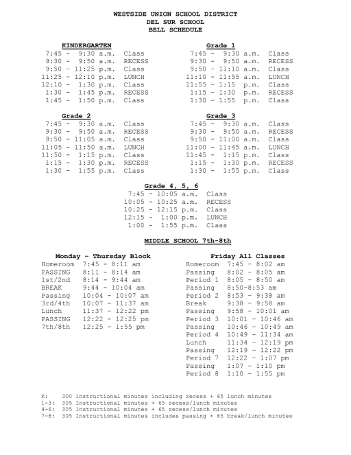 Bell Schedule - Westside Union School District