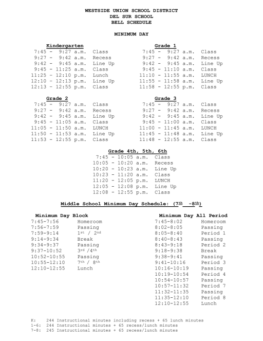 Bell Schedule - Westside Union School District