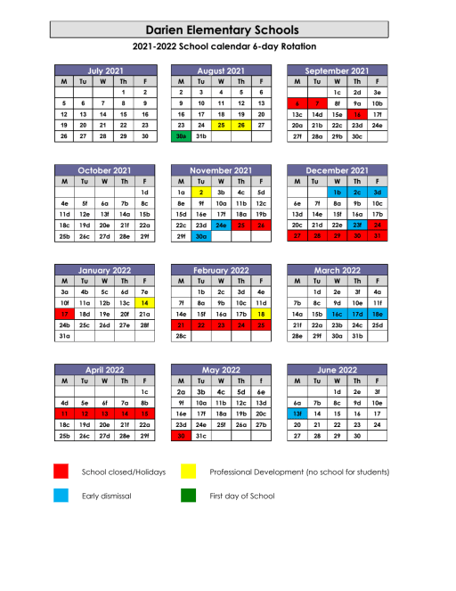 2021-22 Elementary 6-Day Rotation Calendar - Darien Public Schools