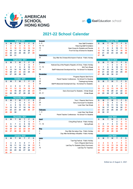 Success Academy Calendar 2022 2023 Ashk Calendar 2021 - 2022 And 2022 - 2023 | American School Hong Kong