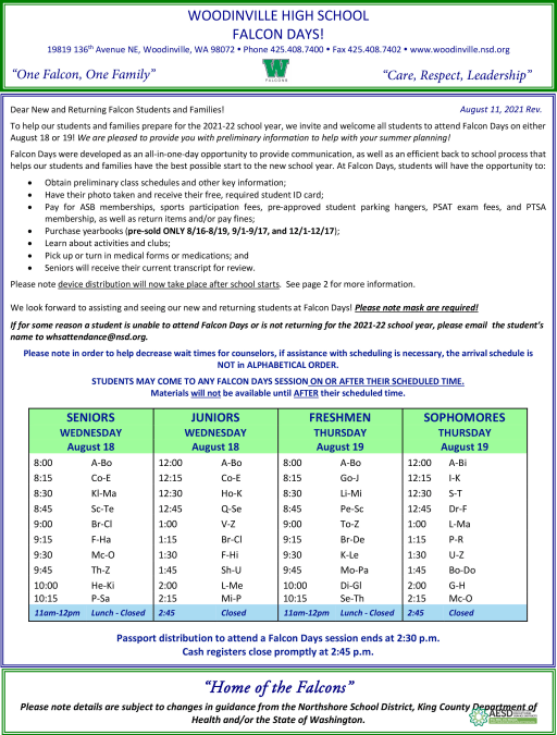 Falcon Days 21 22 Woodinville High School