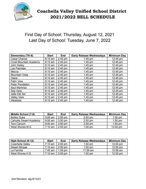 School Schedules - Coachella Valley Unified School District