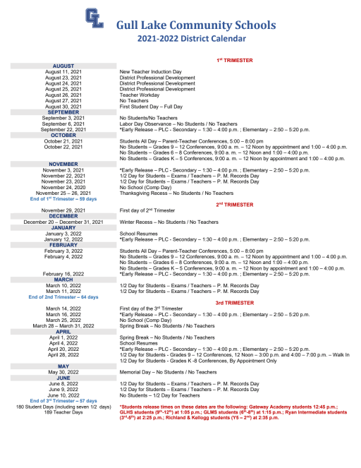 2021 - 2022 District Calendar - Gull Lake Community Schools