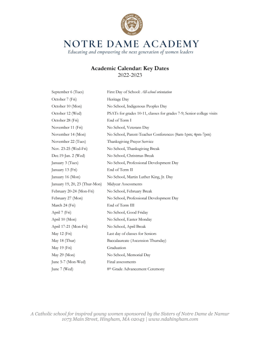 Calendar - Notre Dame Academy