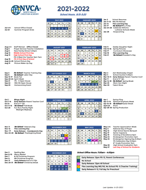 21-22 School Calendar - North Valley Christian Academy
