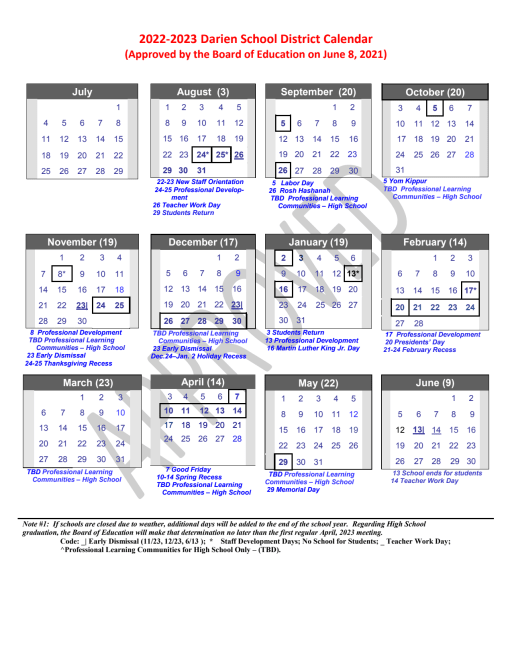 K12 Calendar 2022 23 District Calendar 2022-23 - Darien Public Schools