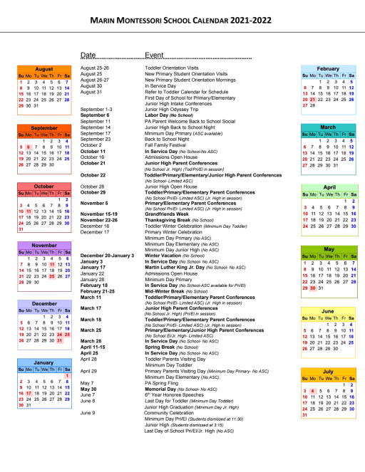 Pausd Calendar 2022 23 Calendar 2021-2022 - Marin Montessori