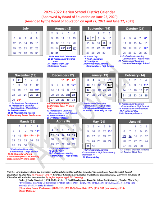 Tcnj Calendar 2022 23 District Calendar 2021-22 - Darien Public Schools