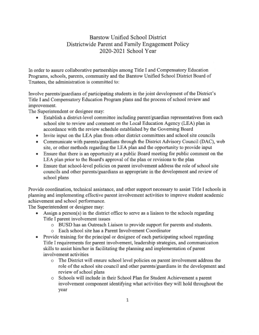 Parent Involvement Policy - Barstow Unified School District
