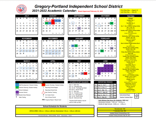 Tamucc Calendar 2022 District Calendar, 2021-22 - Gregory-Portland Independent School District