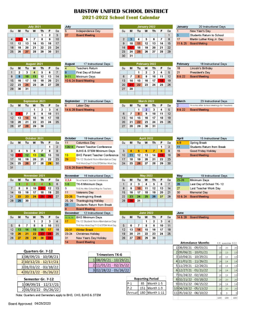 Skyline College Calendar 2022 2021-2022 Academic Calendar - Barstow Unified School District