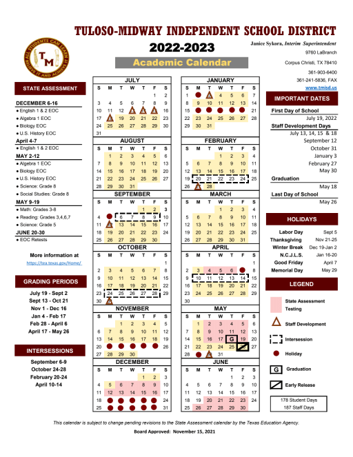 2022-2023 Academic Calendar - Tuloso-Midway Independent School District