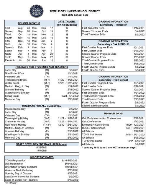 Tcusd Calendars - Temple City Unified School District