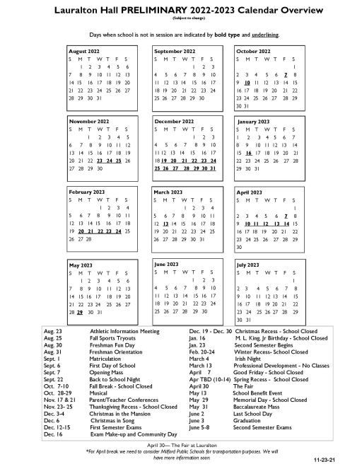 Quinnipiac Academic Calendar 2022 2023 Academic Calendar - Lauralton Hall School