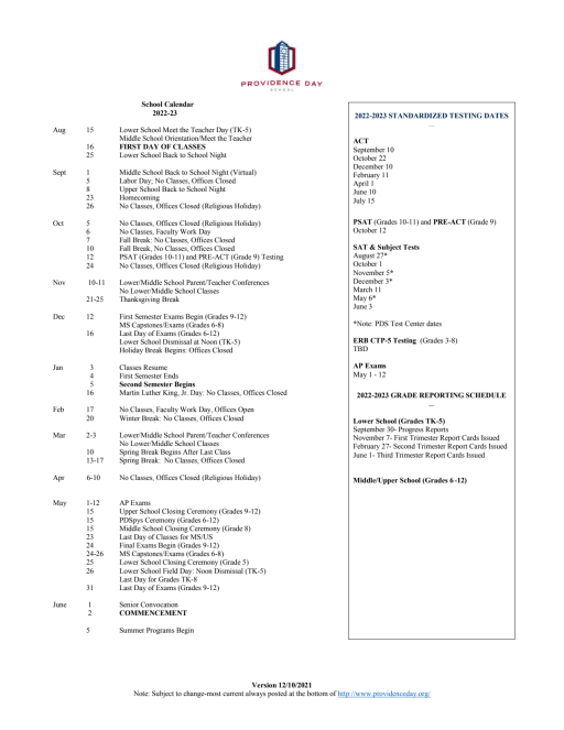 Academic Calendars - Providence Day School