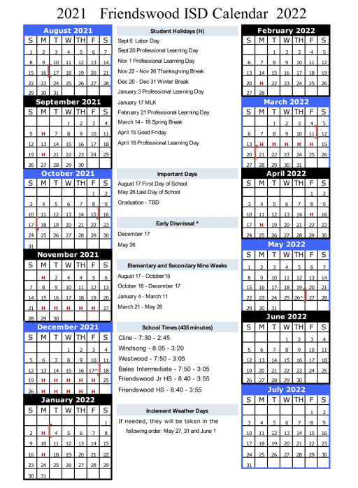Fwisd Calendar 2022 Academic Calendar - Friendswood Isd