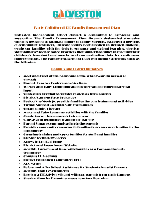 Early Childhood (Pre-K) Family Engagement Plan - Galveston Independent  School District