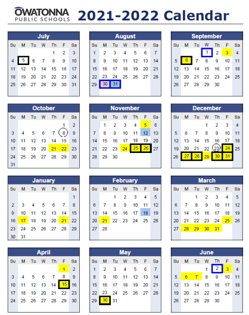 2022 2023 Academic Calendar Academic Year Calendar - Owatonna Public Schools