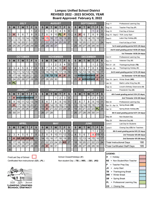 Lhs Calendar 2022 District Calendars - Lompoc Unified School District