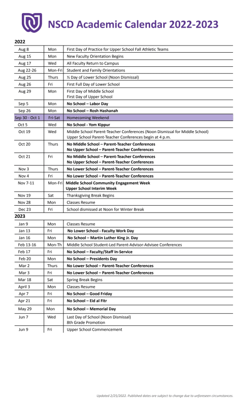 Uiuc Academic Calendar Spring 2023 Academic Calendar - North Shore Country Day