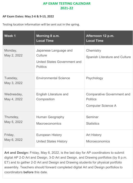 Ap Testing Calendar 2023 Ap Exam Schedule May 2022 - Woodinville High School