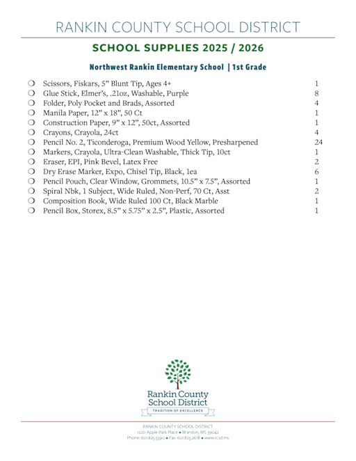 School Supply List Northwest Rankin Elementary School