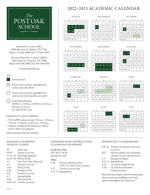 Uh Academic Calendar 2023 School Calendar | The Post Oak School In Houston, Tx