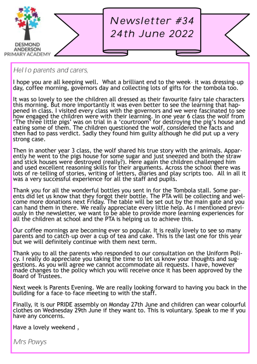 Newsletters Desmond Anderson Primary Academy
