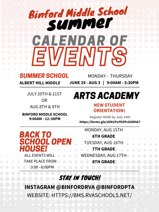 Binford Summer Events Calendar 2022 - Dogwood Middle School