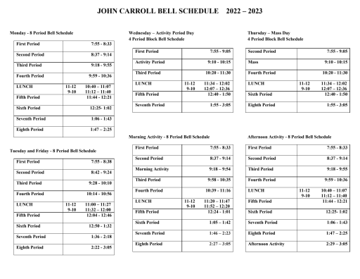 Bell Schedule (2022-2023) - John Carroll Catholic High School